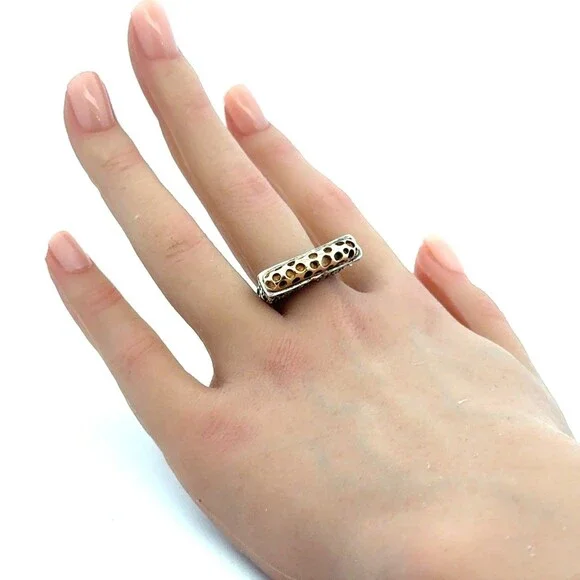 Designer Dian Malouf 925 Sterling Silver 14K Ylw Gold Brutalist Stackable Ring